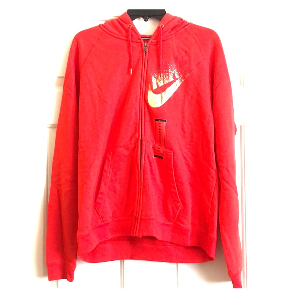 Red Nike Zip Up Sweater with Gold Detail Swoop